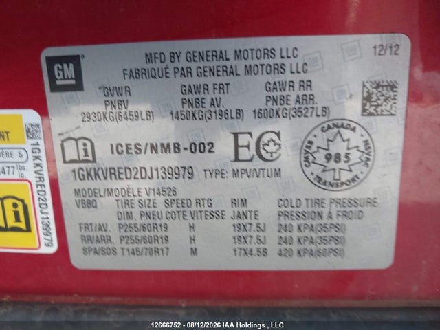 12666752 :رقم المزاد ، 1GKKVRED2DJ139979 vin ، 2013 Gmc Acadia Slt1 مزاد بيع