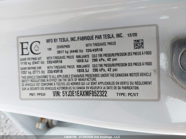 Tesla MODEL 3 2021 5YJ3E1EAXMF852322 Image 19