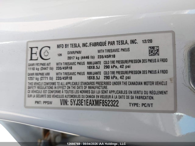 Tesla MODEL 3 2021 5YJ3E1EAXMF852322 Image 24