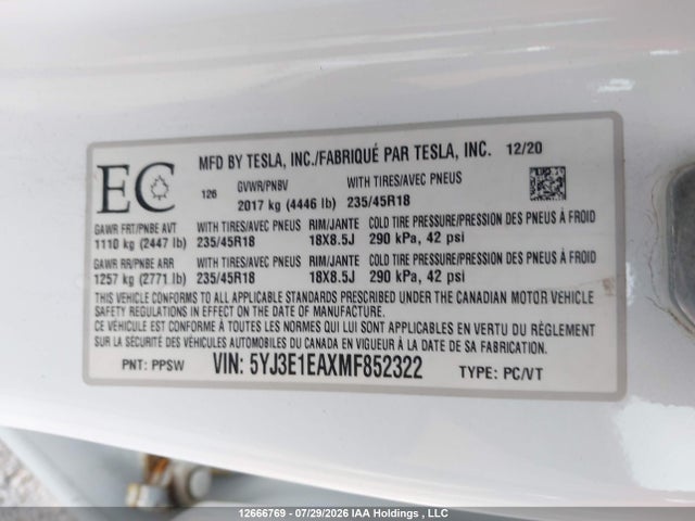 Tesla MODEL 3 2021 5YJ3E1EAXMF852322 Image 9