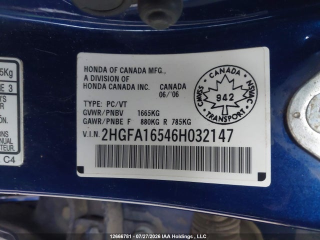 2006 Honda Civic Lx მანქანა იყიდება აუქციონზე, vin: 2HGFA16546H032147, აუქციონის ნომერი: 12666781