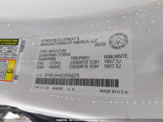 Aukcja sprzedaży 2025 Honda Odyssey Sport, vin: 5FNRL6H48SB504275, numer aukcji: 12666786