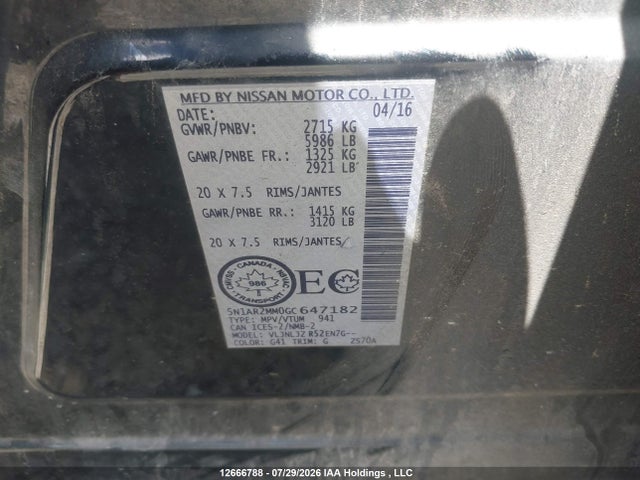 5N1AR2MM0GC647182 Nissan Pathfinder Platinum/s/sl/sv