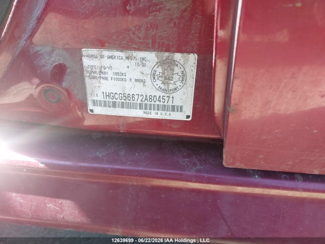 2002 Honda Accord Ex-l მანქანა იყიდება აუქციონზე, vin: 1HGCG56672A804571, აუქციონის ნომერი: 12639699