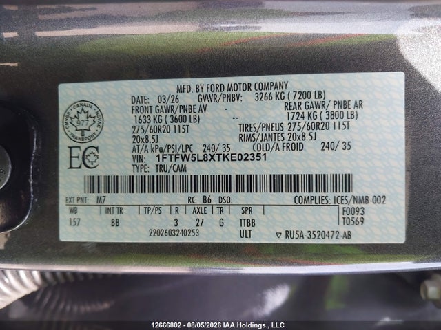 Продаж на аукціоні авто 2026 Ford F150, vin: 1FTFW5L8XTKE02351, номер лоту: 12666802