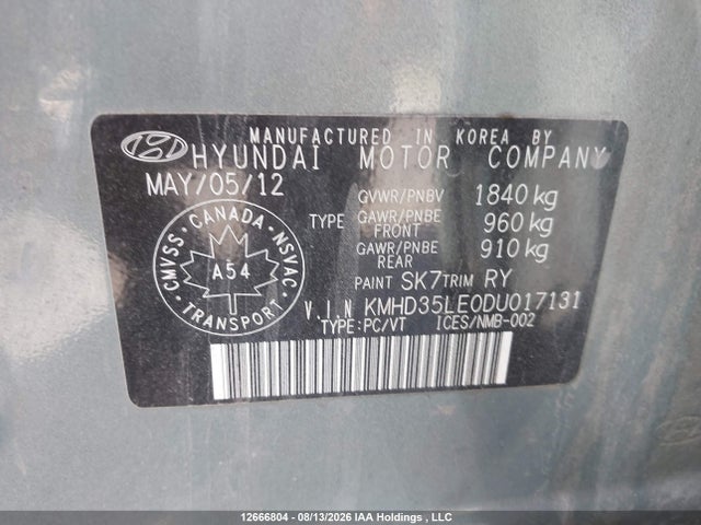 Продажа на аукционе авто 2013 Hyundai Elantra Gt Se, vin: KMHD35LE0DU017131, номер лота: 12666804