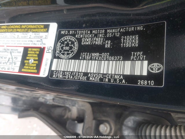 Продаж на аукціоні авто 2012 Toyota Camry Le, vin: 4T1BF1FKXCU106373, номер лоту: 12666809