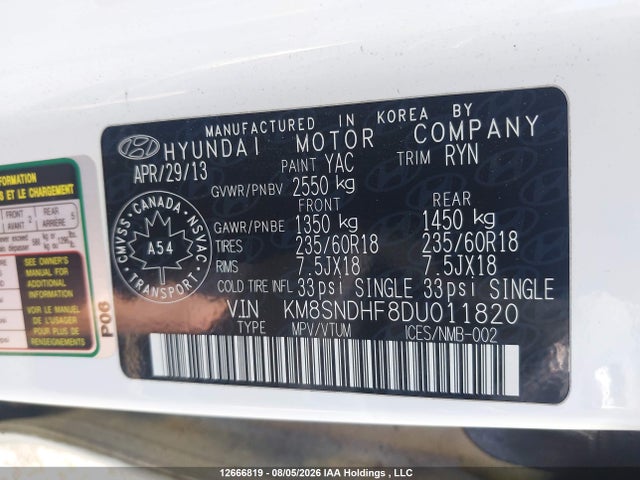 2013 Hyundai Santa Fe Xl Luxury მანქანა იყიდება აუქციონზე, vin: KM8SNDHF8DU011820, აუქციონის ნომერი: 12666819