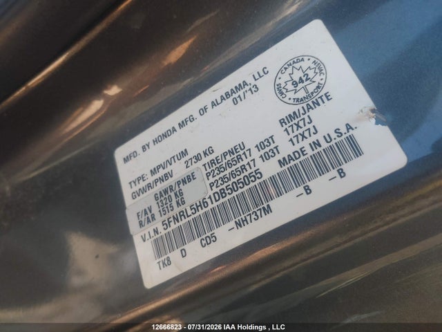 Продажа на аукционе авто 2013 Honda Odyssey Exl, vin: 5FNRL5H61DB505055, номер лота: 12666823