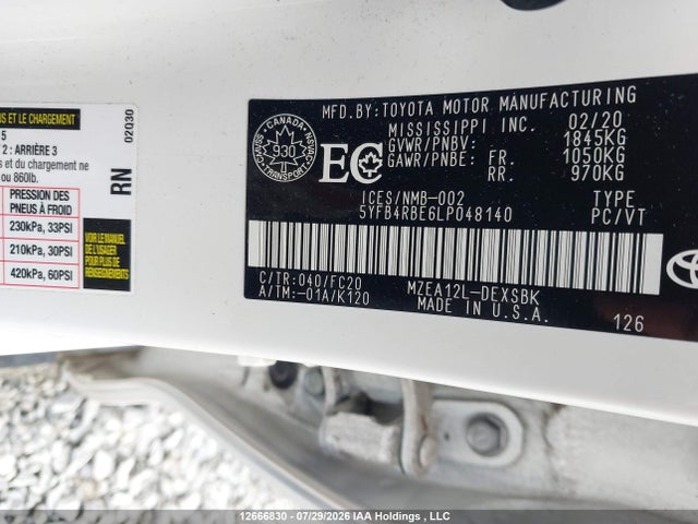 Aukcja sprzedaży 2020 Toyota Corolla Se, vin: 5YFB4RBE6LP048140, numer aukcji: 12666830