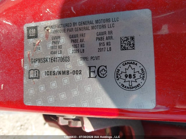 12666833 :رقم المزاد ، 1G4PN5SK1E4170603 vin ، 2014 Buick Verano مزاد بيع