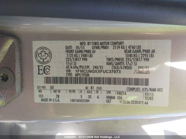 Aukcja sprzedaży 2015 Ford Escape Se, vin: 1FMCU9GXXFUC37973, numer aukcji: 12666851