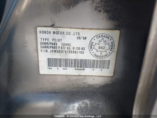 2009 Honda Fit Sport მანქანა იყიდება აუქციონზე, vin: JHMGE87879S801163, აუქციონის ნომერი: 12666856