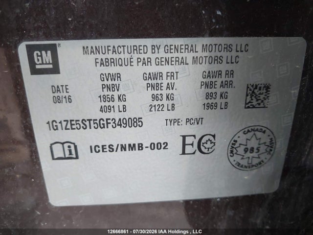 Продаж на аукціоні авто 2016 Chevrolet Malibu 1lt, vin: 1G1ZE5ST5GF349085, номер лоту: 12666861