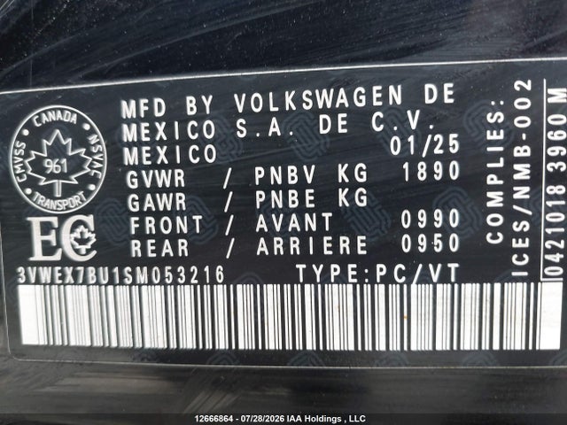 Aukcja sprzedaży 2025 Volkswagen Jetta Se, vin: 3VWEX7BU1SM053216, numer aukcji: 12666864