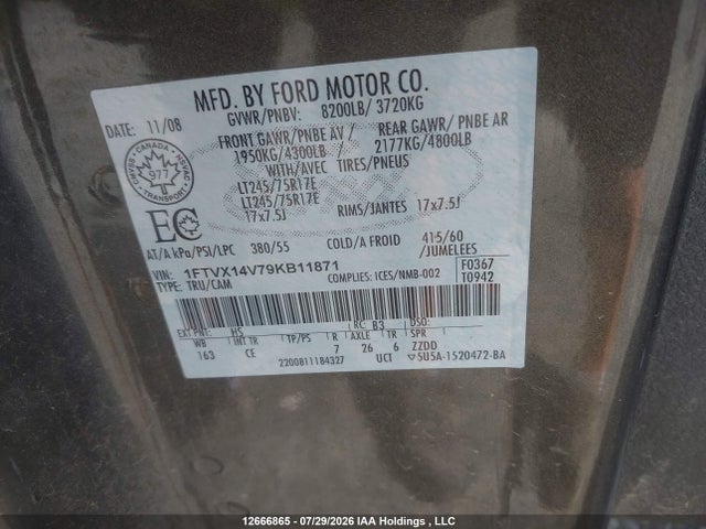 12666865 :رقم المزاد ، 1FTVX14V79KB11871 vin ، 2009 Ford F-150 Xl/xlt مزاد بيع