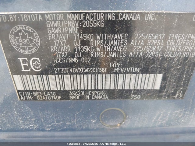Продаж на аукціоні авто 2012 Toyota Rav4 Limited, vin: 2T3DF4DVXCW233199, номер лоту: 12666868