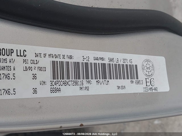 Продаж на аукціоні авто 2012 Dodge Journey Se Plus, vin: 3C4PDCABXCT298116, номер лоту: 12666873