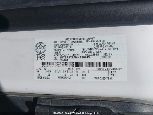 Ford Transit T-250 2021 1FTBR1Y87MKA18245 Image 9