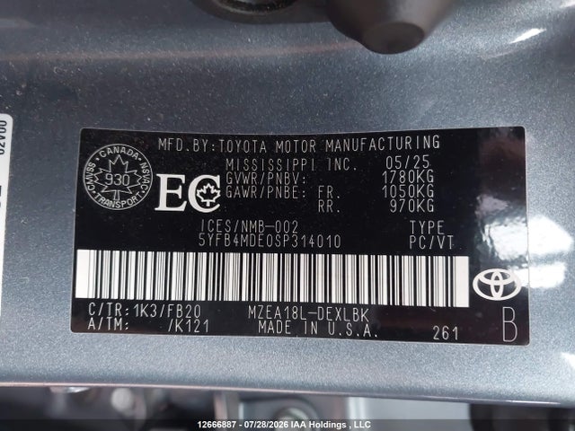 Продажа на аукционе авто 2025 Toyota Corolla Le, vin: 5YFB4MDE0SP314010, номер лота: 12666887