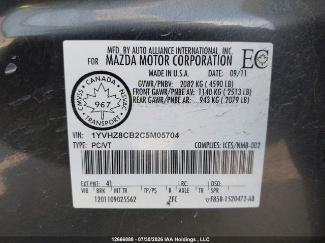 2012 Mazda Mazda6 Gt-v6 მანქანა იყიდება აუქციონზე, vin: 1YVHZ8CB2C5M05704, აუქციონის ნომერი: 12666888
