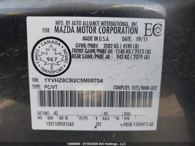 2012 Mazda Mazda6 Gt-v6 მანქანა იყიდება აუქციონზე, vin: 1YVHZ8CB2C5M05704, აუქციონის ნომერი: 12666888