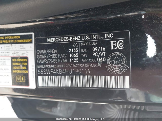 Aukcja sprzedaży 2017 Mercedes-benz C 300, vin: 55SWF4KB4HU190119, numer aukcji: 12666890