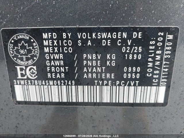2025 Volkswagen Jetta Se მანქანა იყიდება აუქციონზე, vin: 3VWEX7BU4SM062749, აუქციონის ნომერი: 12666899