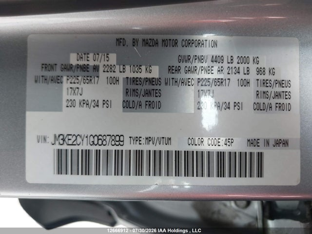 Aukcja sprzedaży 2016 Mazda Cx-5, vin: JM3KE2CY1G0687899, numer aukcji: 12666912