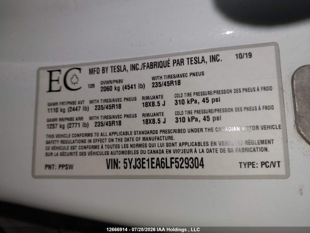 Tesla MODEL 3 2020 5YJ3E1EA6LF529304 Image 19