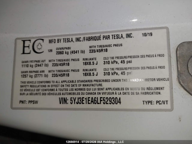 Tesla MODEL 3 2020 5YJ3E1EA6LF529304 Image 9