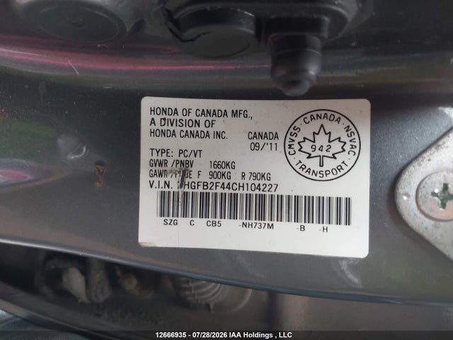 2012 Honda Civic Lx მანქანა იყიდება აუქციონზე, vin: 2HGFB2F44CH104227, აუქციონის ნომერი: 12666935