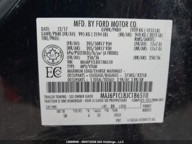 2018 Ford Ecosport Ses მანქანა იყიდება აუქციონზე, vin: MAJ6P1CL8JC186510, აუქციონის ნომერი: 12666940