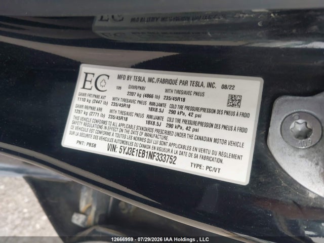 Tesla MODEL 3 2022 5YJ3E1EB1NF333752 Image 20