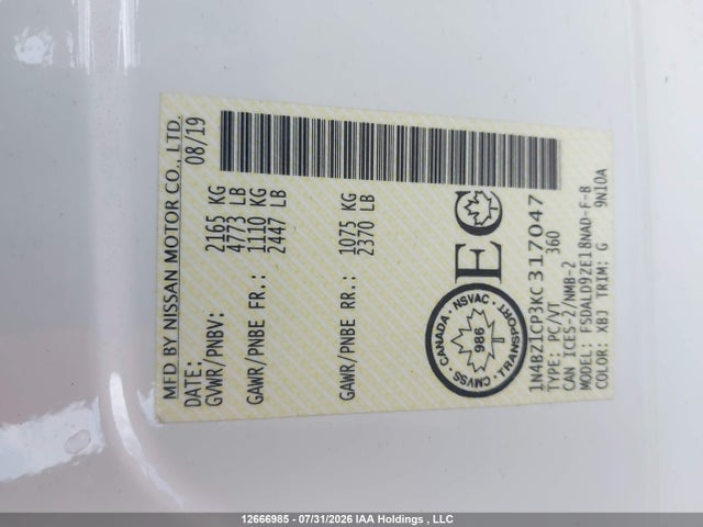 12666985 :رقم المزاد ، 1N4BZ1CP3KC317047 vin ، 2019 Nissan Leaf S Plus/sl Plus/sv Plus مزاد بيع