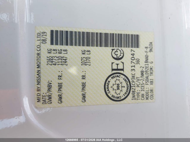 12666985 :رقم المزاد ، 1N4BZ1CP3KC317047 vin ، 2019 Nissan Leaf S Plus/sl Plus/sv Plus مزاد بيع