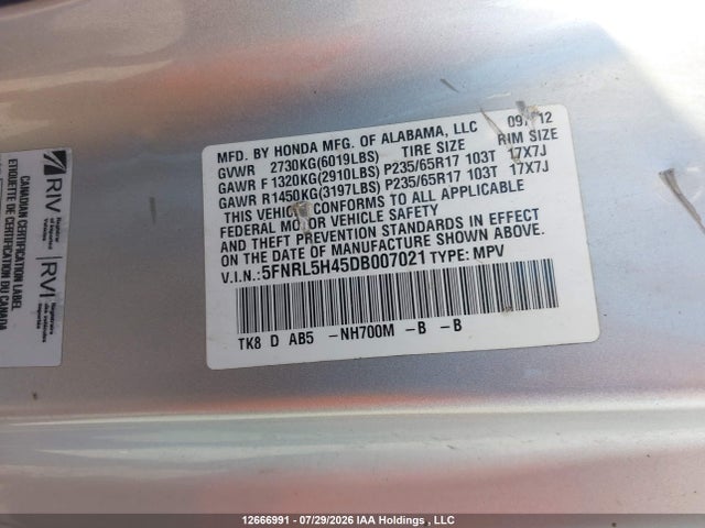 2013 Honda Odyssey Ex მანქანა იყიდება აუქციონზე, vin: 5FNRL5H45DB007021, აუქციონის ნომერი: 12666991
