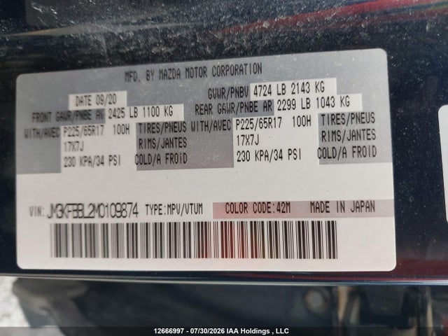 Aukcja sprzedaży 2021 Mazda Cx-5, vin: JM3KFBBL2M0109874, numer aukcji: 12666997