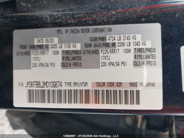 Aukcja sprzedaży 2021 Mazda Cx-5, vin: JM3KFBBL2M0109874, numer aukcji: 12666997