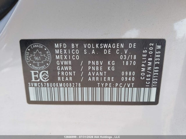 2019 Volkswagen Jetta S/se/r-line მანქანა იყიდება აუქციონზე, vin: 3VWC57BU0KM008278, აუქციონის ნომერი: 12666999
