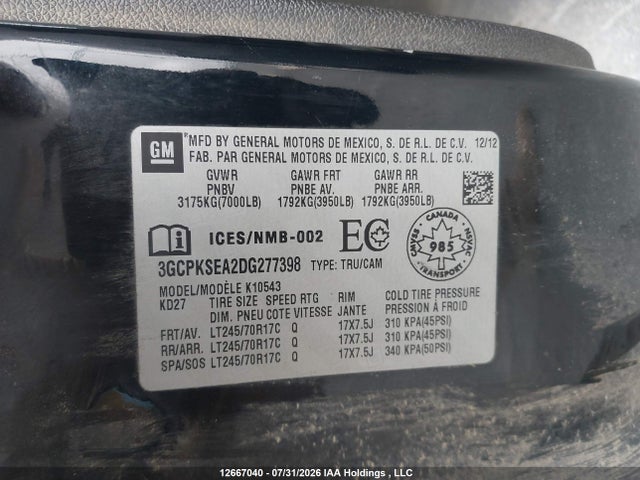 2013 Chevrolet Silverado 1500 Lt მანქანა იყიდება აუქციონზე, vin: 3GCPKSEA2DG277398, აუქციონის ნომერი: 12667040