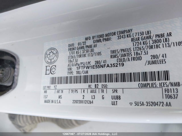 Aukcja sprzedaży 2022 Ford F150 Supercrew, vin: 1FTFW1E55NFA35219, numer aukcji: 12667067