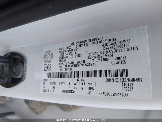 Aukcja sprzedaży 2022 Ford F150 Supercrew, vin: 1FTFW1E55NFA35219, numer aukcji: 12667067