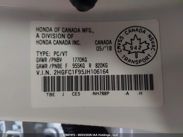 Продаж на аукціоні авто 2018 Honda Civic Touring, vin: 2HGFC1F95JH106164, номер лоту: 12667072