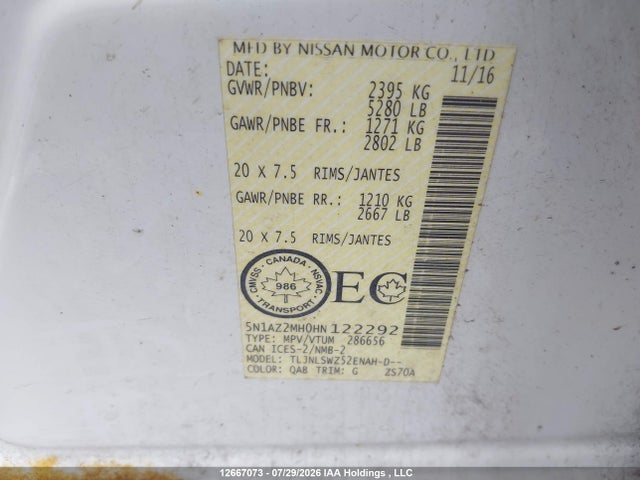 5N1AZ2MH0HN122292 Nissan Murano S/sl/sv/platinum