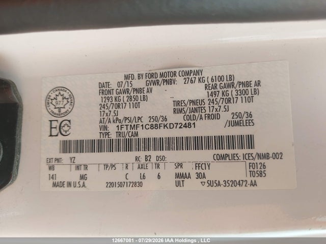 Aukcja sprzedaży 2015 Ford F150, vin: 1FTMF1C88FKD72481, numer aukcji: 12667081