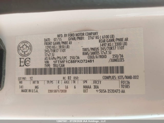 Aukcja sprzedaży 2015 Ford F150, vin: 1FTMF1C88FKD72481, numer aukcji: 12667081