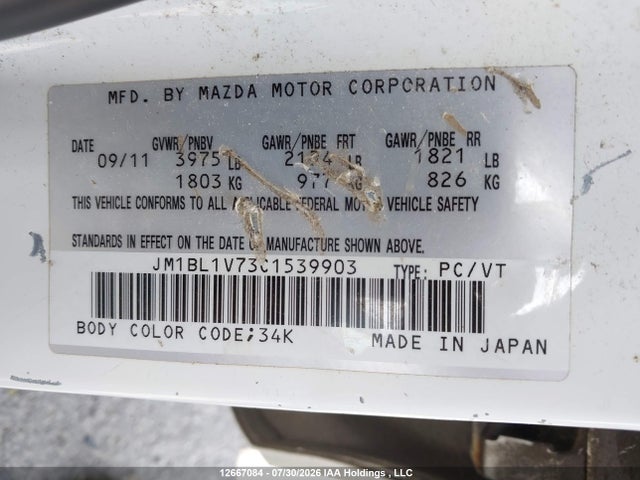 Aukcja sprzedaży 2012 Mazda 3, vin: JM1BL1V73C1539903, numer aukcji: 12667084