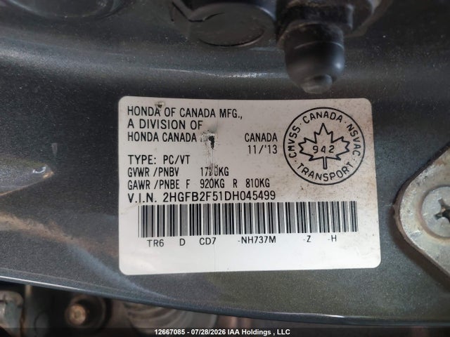 Продаж на аукціоні авто 2013 Honda Civic Ex 4dr, vin: 2HGFB2F51DH045499, номер лоту: 12667085