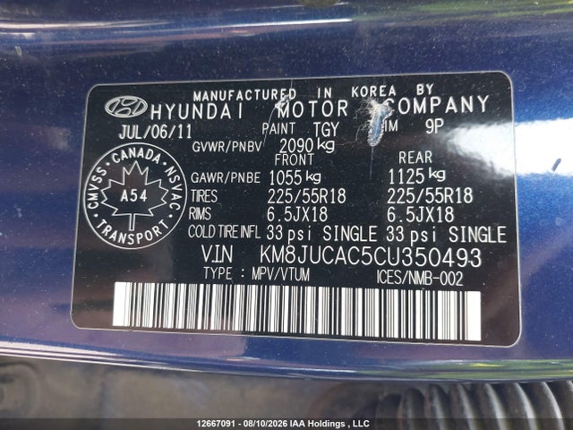12667091 :رقم المزاد ، KM8JUCAC5CU350493 vin ، 2012 Hyundai Tucson Limited مزاد بيع